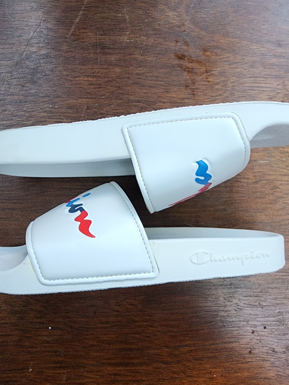 Champion White Slide Sandals Split Script Multi Color Logo Slides Shoes - Picture 4 of 7